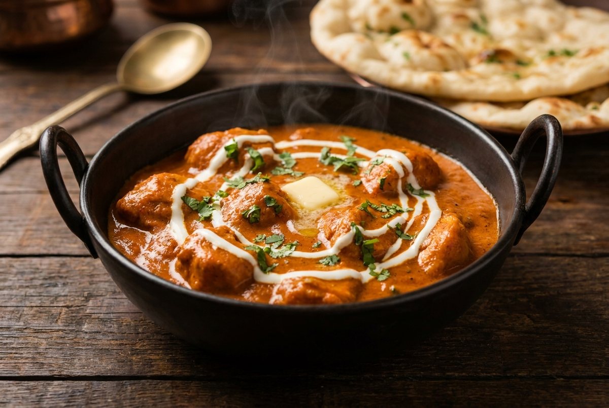 Butter chicken (murgh makhani) with cream swirl, butter and cilantro in a black karahi bowl