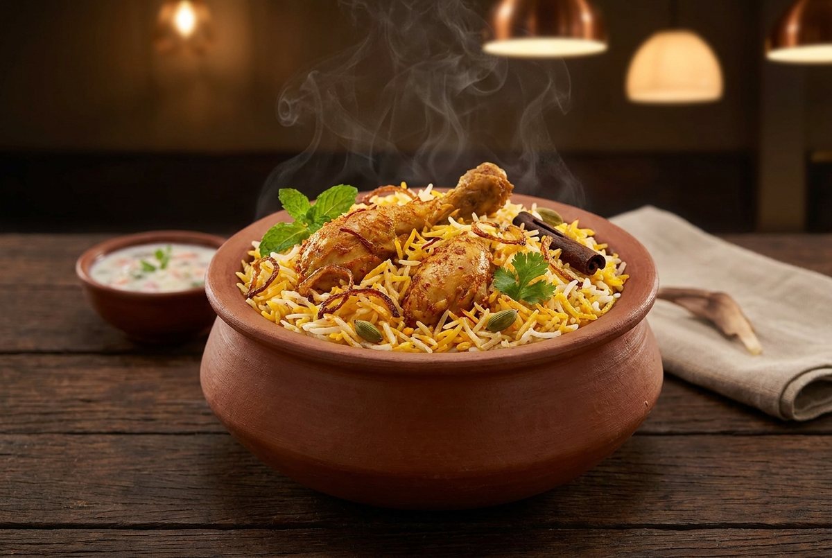 Chicken biryani with saffron basmati rice, fried onions and mint served in a clay handi